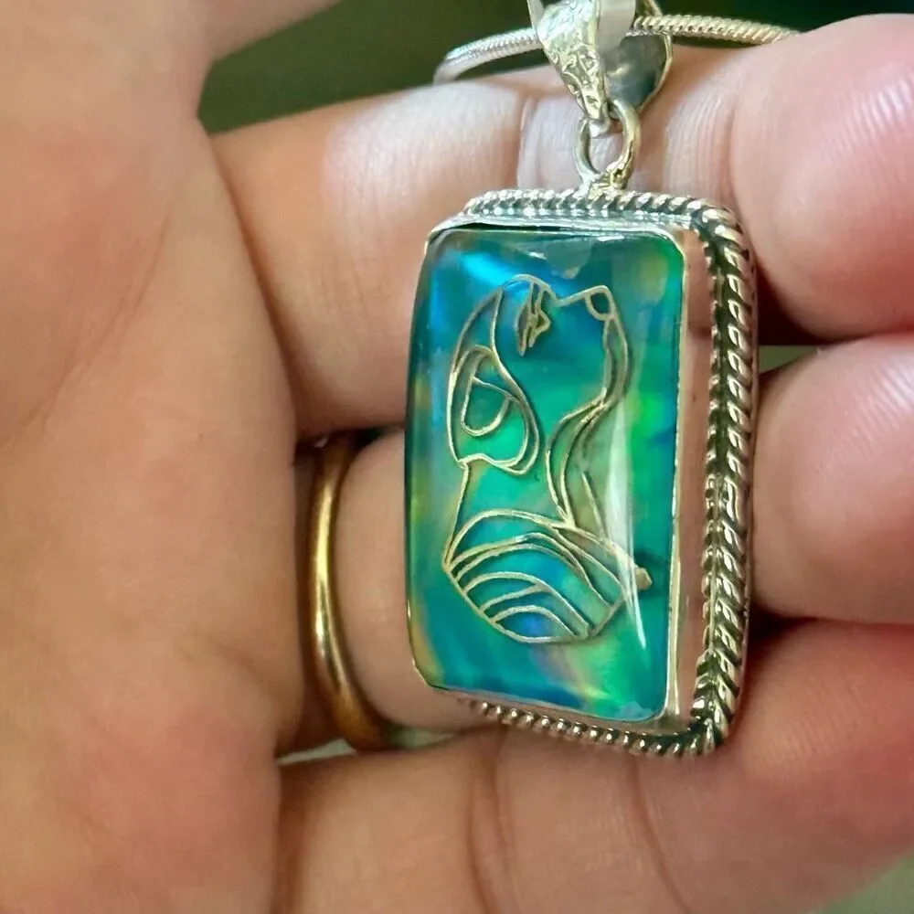Aurora Opal Dog Carving Pendant Necklace – Sterling Silver Elegance